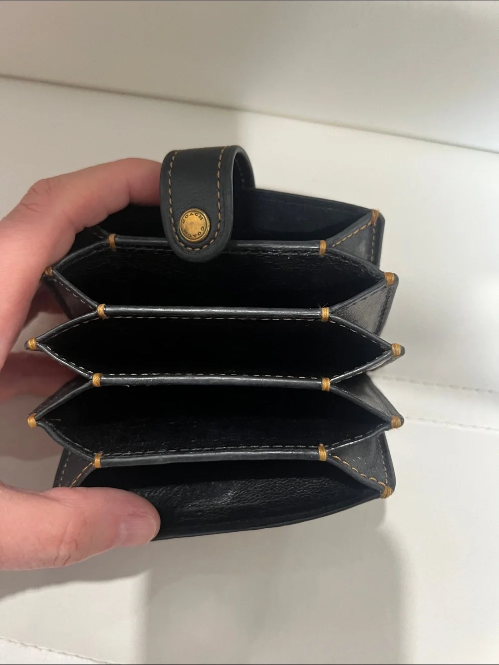 Coach Black Leather Snap Card Wallet with Contrast Stitching